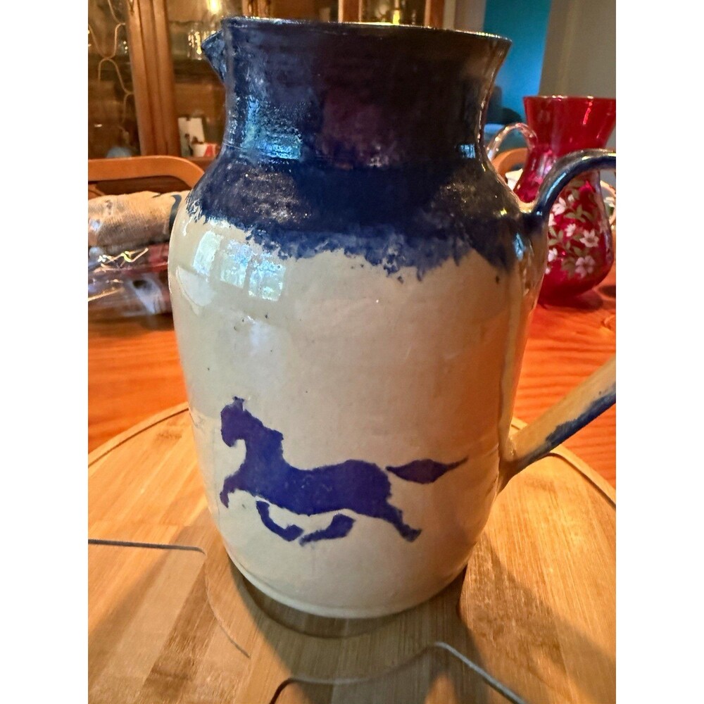 Unmarked Blue & White Stoneware Horse Pitcher 6 qt Glossy Handle Decorative